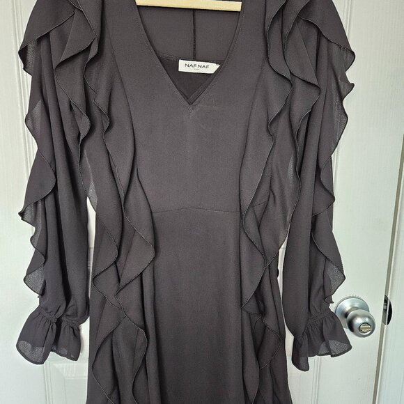 NAF NAF Paris Black dress longsleeves with ruffles detail Size 36 - Picture 3 of 15